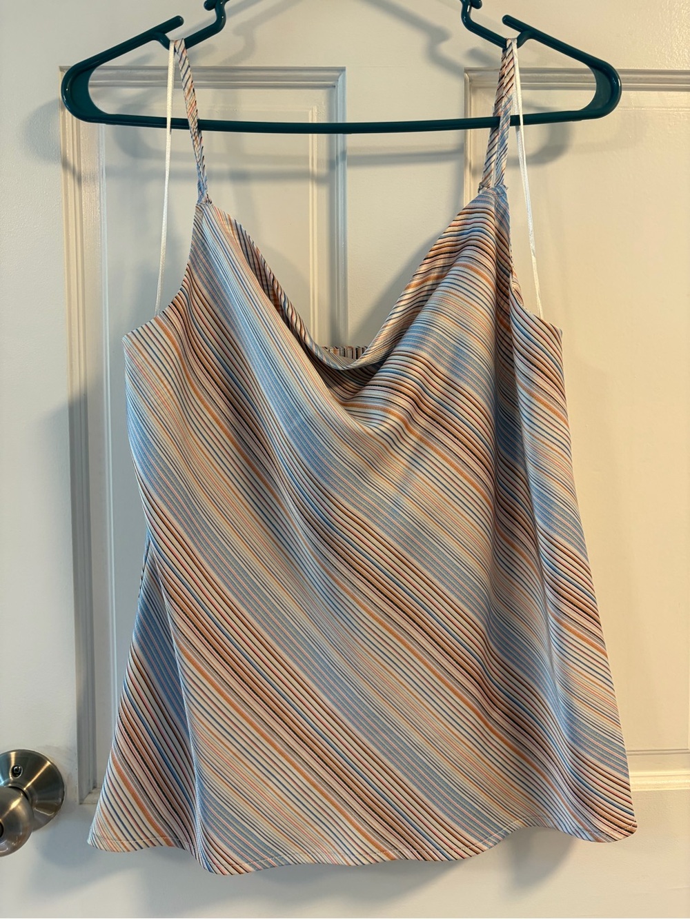 Skies Are Blue Multi-Stripe Satin Cami in Blue, Tan, Pink
